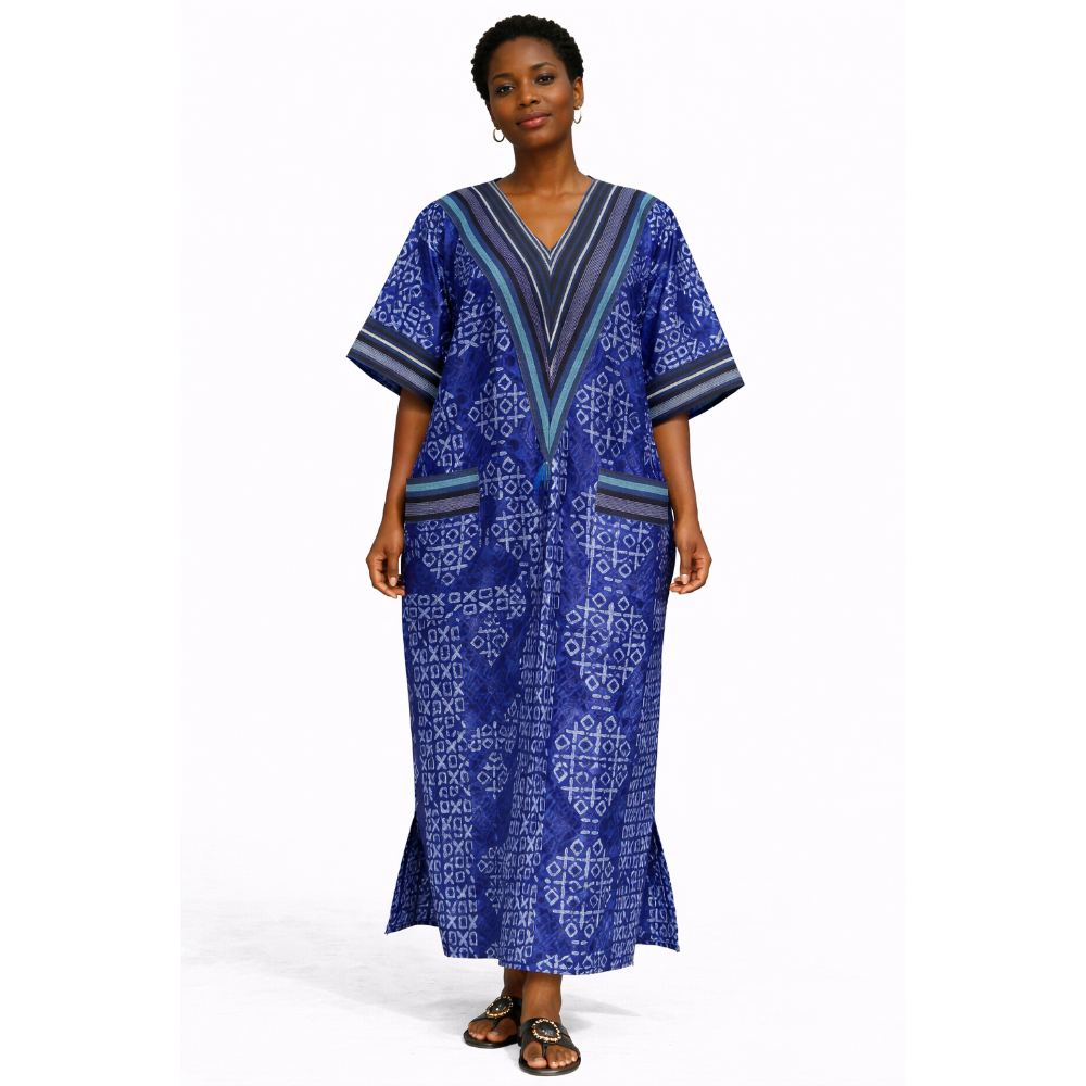 Women Blue Printed Maxi Kaftan Dress with V Neck Panel Loose Fit